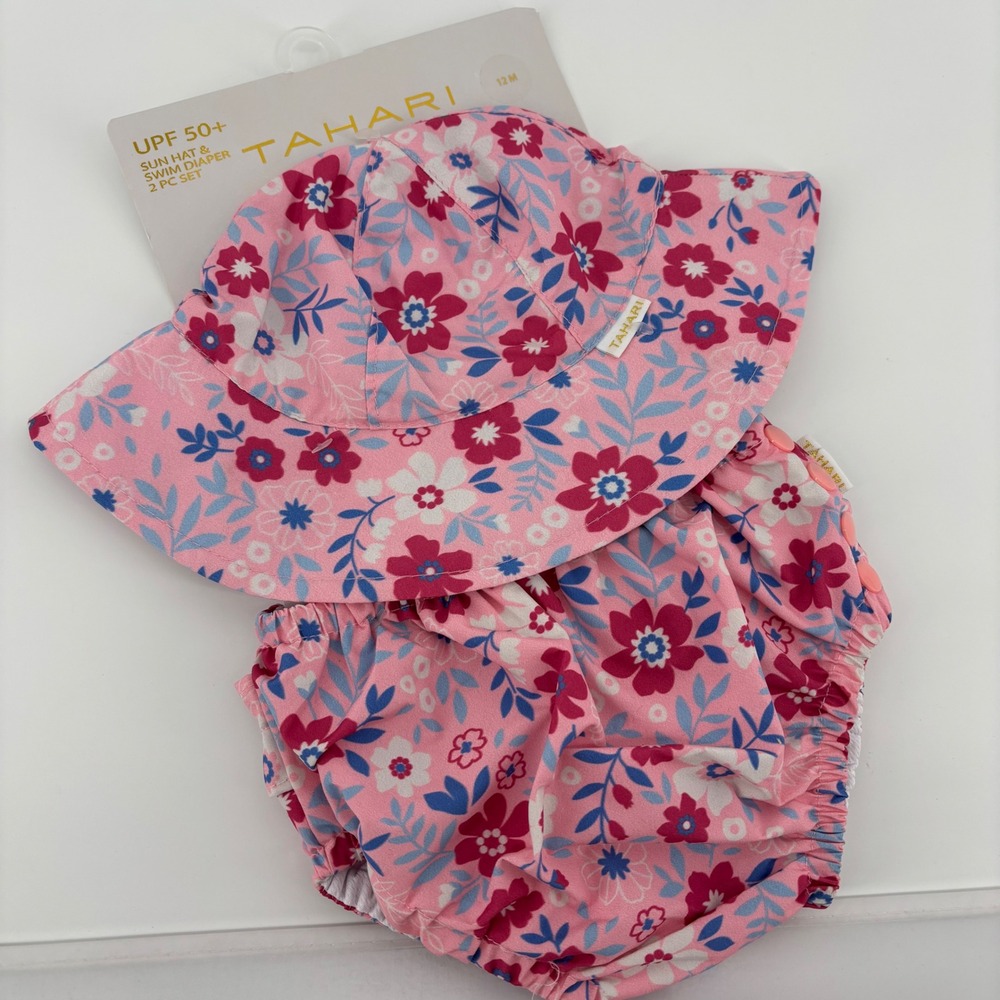 Tahari Sun Hat & Swim Diaper Set Baby 12M Pink Floral NWT UPF 50+ Ruffle 2pc